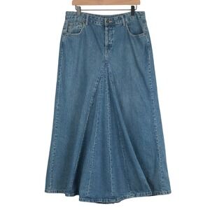 VTG JEANOLOGY Collection Blue Denim Maxi Skirt Sz 14 L Flared Godet Button Fly